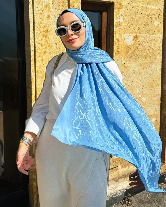 Monogram İmza Mavi Shiny Jakar Şal