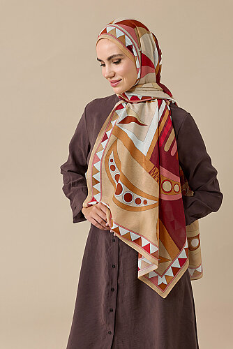 African Beige-Burgundy Cotton Silk Voile Shawl - Imannoor