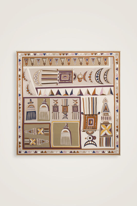 African Khaki/Gray-Red Double-Sided Twill Silk Scarf 94x94 - 1