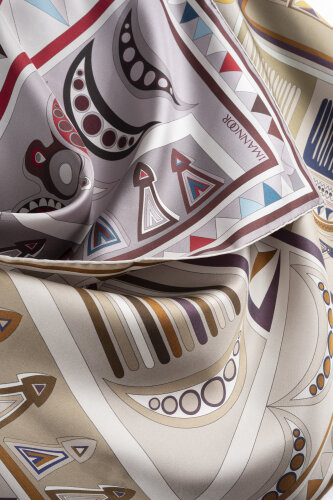 African Khaki/Gray-Red Double-Sided Twill Silk Scarf 94x94 - 2