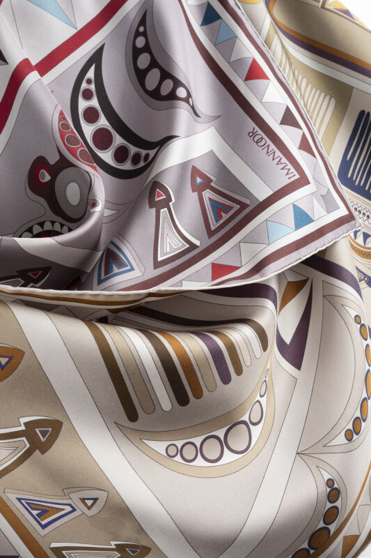 African Khaki/Gray-Red Double-Sided Twill Silk Scarf 94x94 - 2