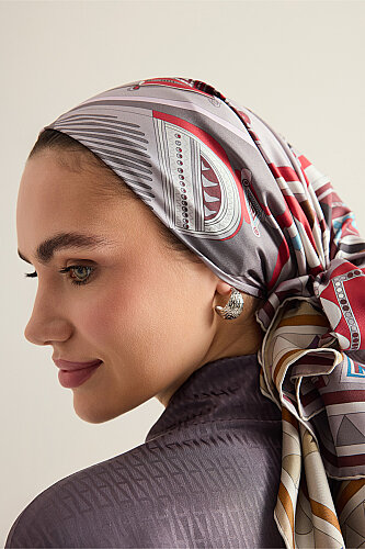 African Khaki/Gray-Red Double-Sided Twill Silk Scarf 94x94 - 5