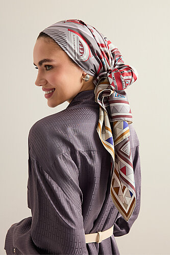 African Khaki/Gray-Red Double-Sided Twill Silk Scarf 94x94 