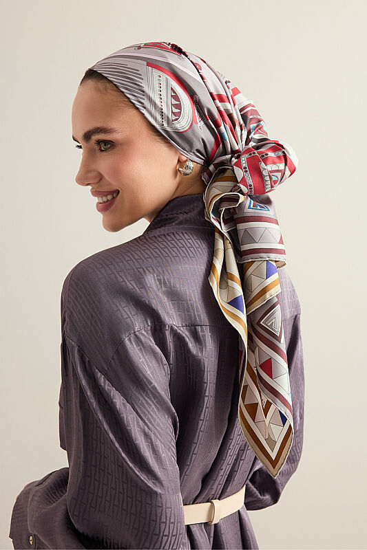 African Khaki/Gray-Red Double-Sided Twill Silk Scarf 94x94 - 1