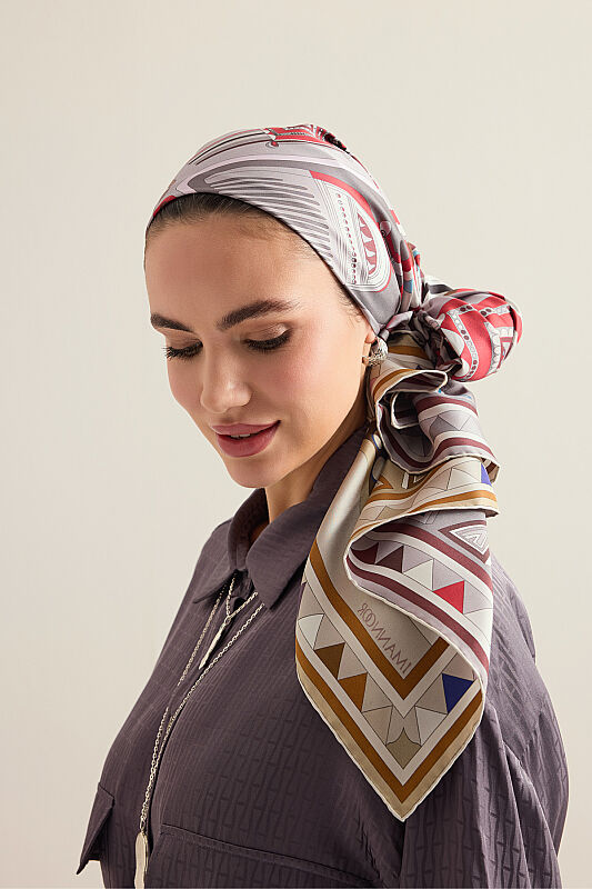 African Khaki/Gray-Red Double-Sided Twill Silk Scarf 94x94 - 3