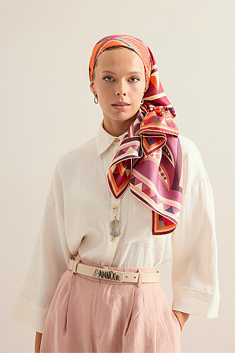 African Orange-Rose Double-Sided Twill Silk Scarf 94x94 - 5