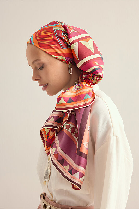 African Orange-Rose Double-Sided Twill Silk Scarf 94x94 - 3