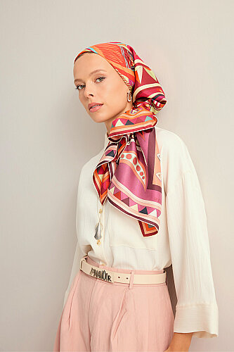 African Orange-Rose Double-Sided Twill Silk Scarf 94x94 - Imannoor