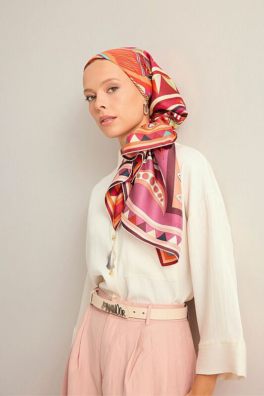 African Orange-Rose Double-Sided Twill Silk Scarf 94x94 - 1