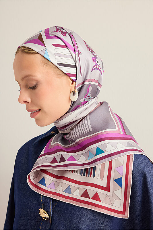Afrika Gri-Pembe/Bej-Kırmızı Çift Taraflı Tivil İpek Eşarp 94x94 - 5