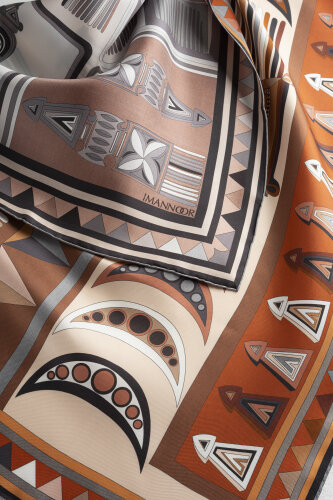 Afrika Kahve-Gri Çift Taraflı Tivil İpek Eşarp 94x94 - 2