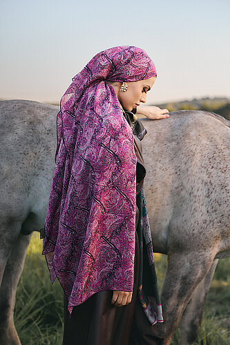 Alaz Horses Pink Crepe Silk Scarf - Imannoor