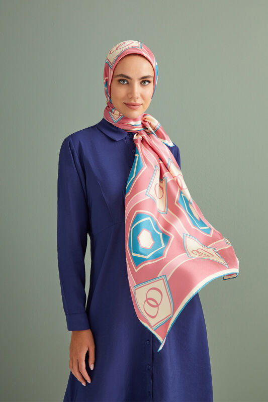 Altıgen Noor Pembe Tivil İpek Şal 70x204 - 1