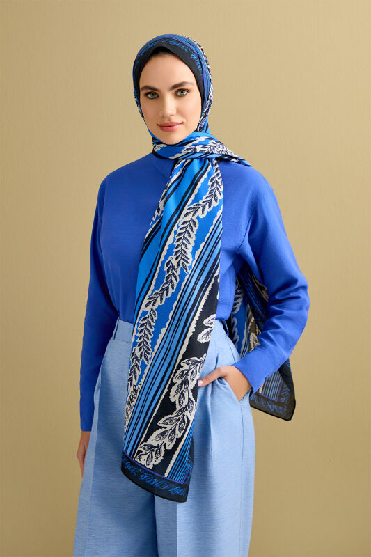 Antik Çiçek Saks Mavi Pamuk Şal 70x210 - 5