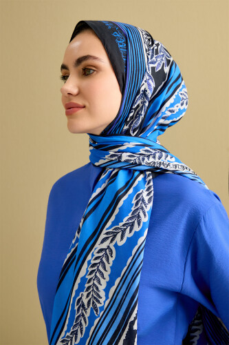 Antik Çiçek Saks Mavi Pamuk Şal 70x210 