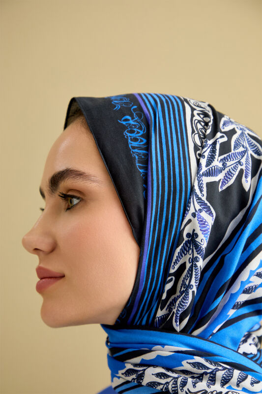 Antik Çiçek Saks Mavi Pamuk Şal 70x210 - 3