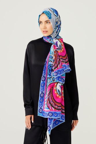 Ay'ın Çiçeği Mavi Krep İpek Şal 80x200 - 2