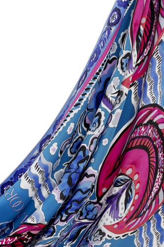 Ay'ın Çiçeği Mavi Krep İpek Şal 80x200 - 5