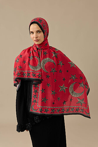 Ayla Yıldız Kırmızı Floş Pamuk Şal 70x210 - Imannoor (3)