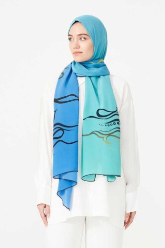 Balık ve Kuş Mavi İpek Şal 80x200 - 2