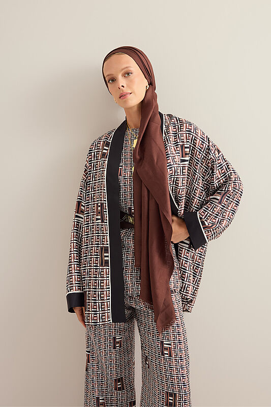 Basket Brown Twill Silk Kimono - 1