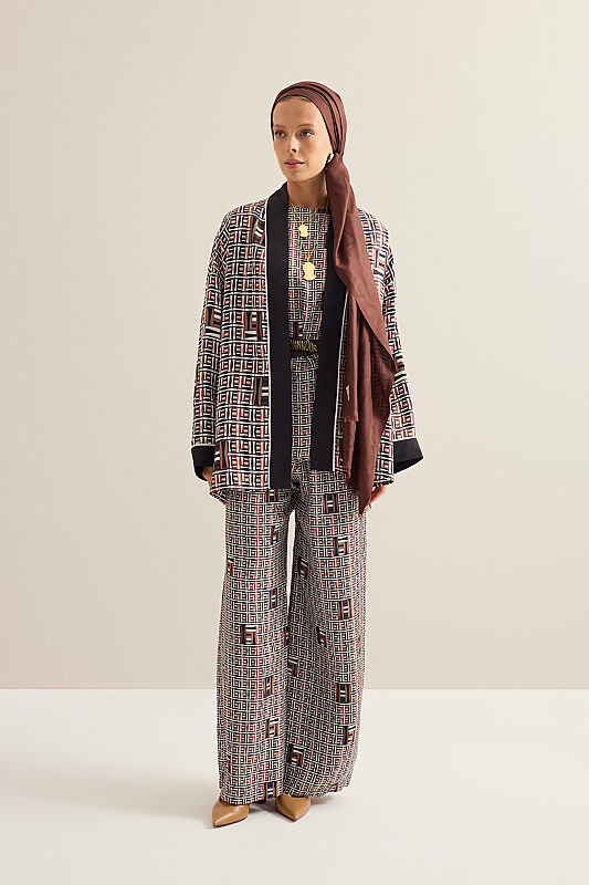 Basket Brown Twill Silk Kimono - 5
