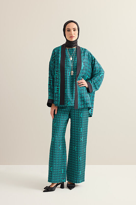 Basket Green Twill Silk Kimono - 1