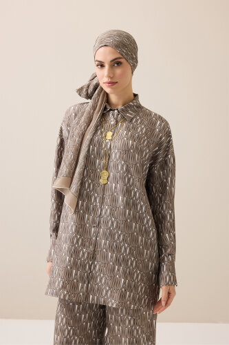 Beige Twill Silk Shirt with Text Pattern 