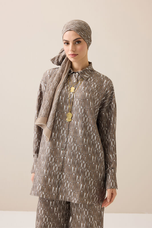 Beige Twill Silk Shirt with Text Pattern - 1