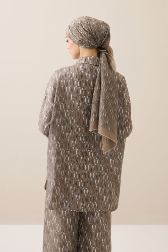 Beige Twill Silk Shirt with Text Pattern - 7