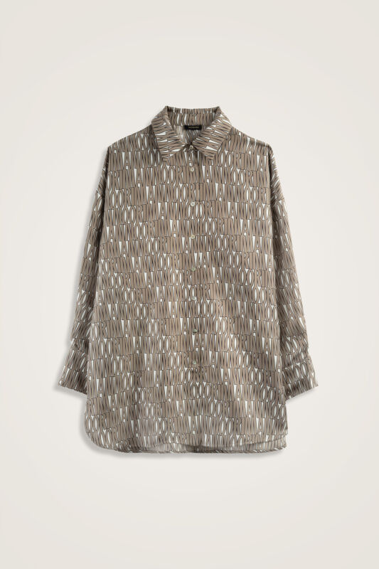 Beige Twill Silk Shirt with Text Pattern - 2