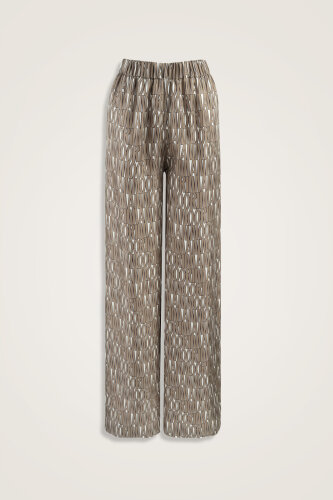 Beige Twill Silk Trousers with Text Pattern - 2