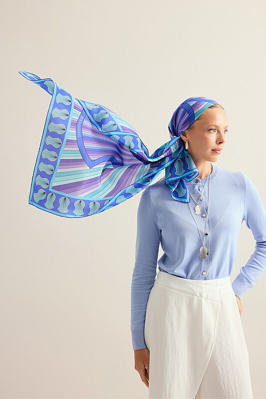 Beloved's Footprint Blue Crepe Silk Scarf - 3