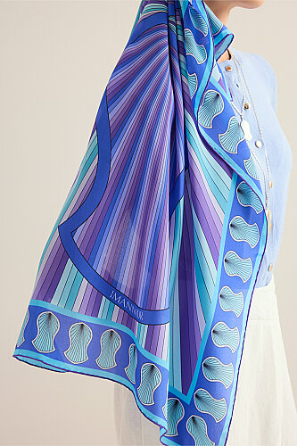 Beloved's Footprint Blue Crepe Silk Scarf - 5