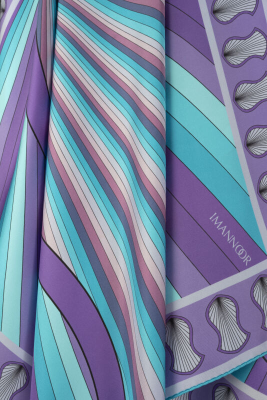 Beloved's Footprint Purple-Turquoise Twill Silk Scarf - 2