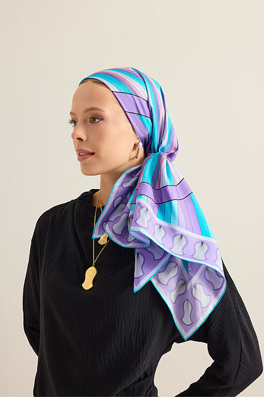 Beloved's Footprint Purple-Turquoise Twill Silk Scarf - 3