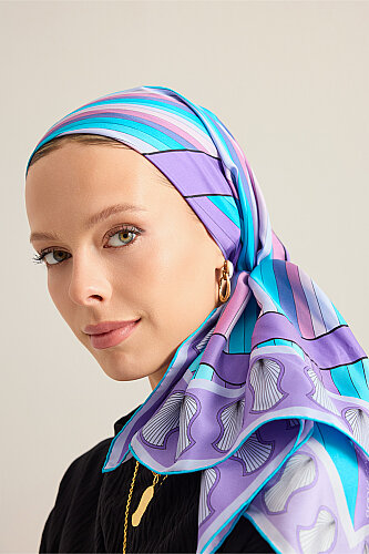 Beloved's Footprint Purple-Turquoise Twill Silk Scarf - 5