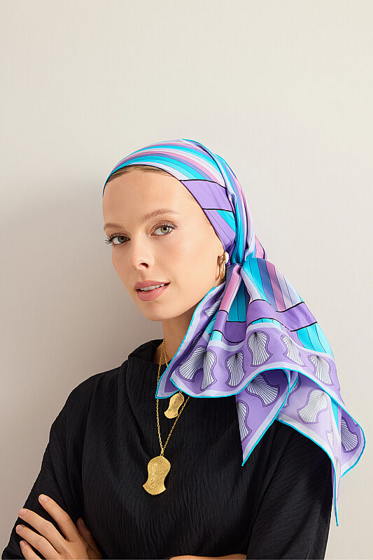 Beloved's Footprint Purple-Turquoise Twill Silk Scarf - 1