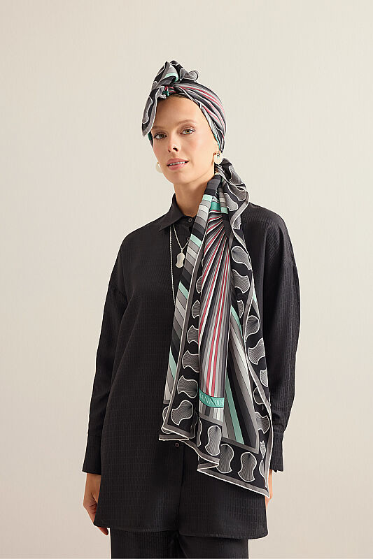 Beloved's Footprint Turquoise-Gray Crepe Silk Scarf - 1