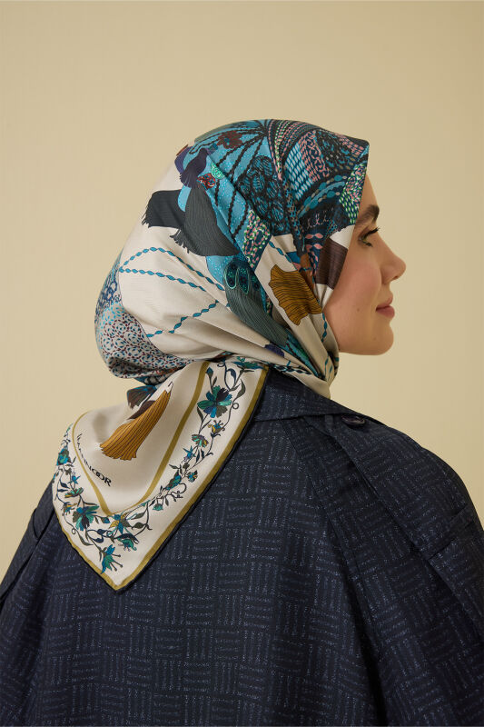 Bird With Noor Beige Crepe Silk Scarf with Birds - 5