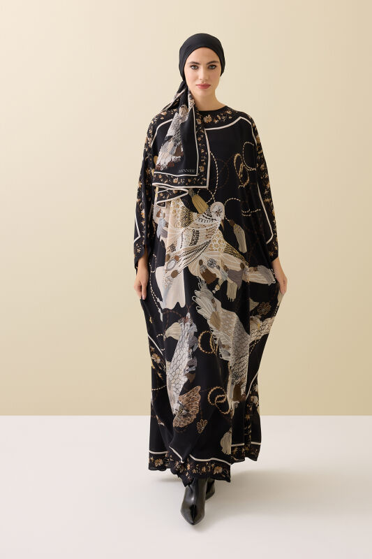 Bird With Noor Black-Beige Silk Kaftan - 7