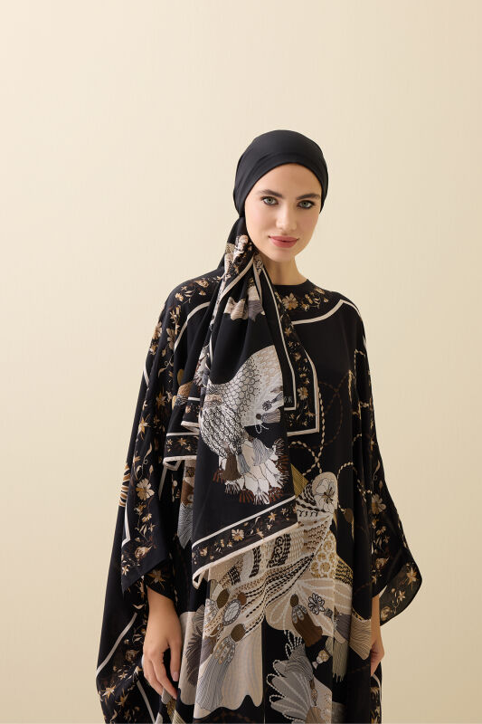 Bird With Noor Black-Beige Silk Kaftan Shawl - 3