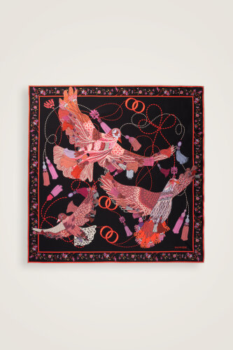 Bird With Noor Black-Red Crepe Silk Scarf - Imannoor