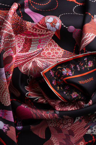 Bird With Noor Black-Red Crepe Silk Scarf - Imannoor (1)