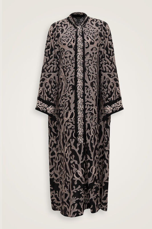 Black Crepe Silk Dress with Coral Halter Neck - 2