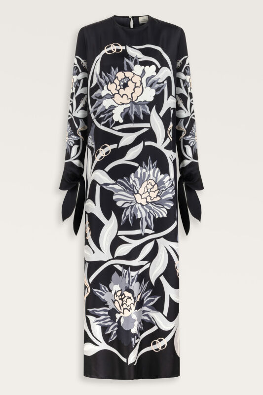 Black-Gray Silk Dress with Flower Path Cuff Detail - 2