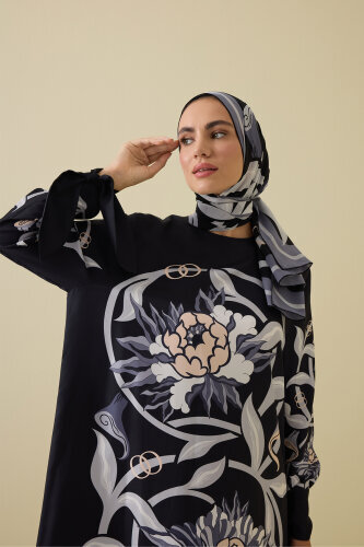 Black-Gray Silk Dress with Flower Path Cuff Detail - 3