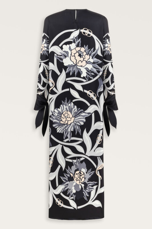 Black-Gray Silk Twill Dress with Flower Path Cuff Detail - 4