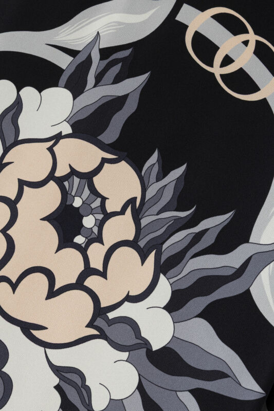 Black-Gray Silk Twill Dress with Flower Path Cuff Detail - 6