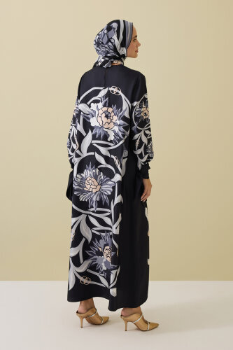 Black-Gray Silk Twill Dress with Flower Path Cuff Detail - 5